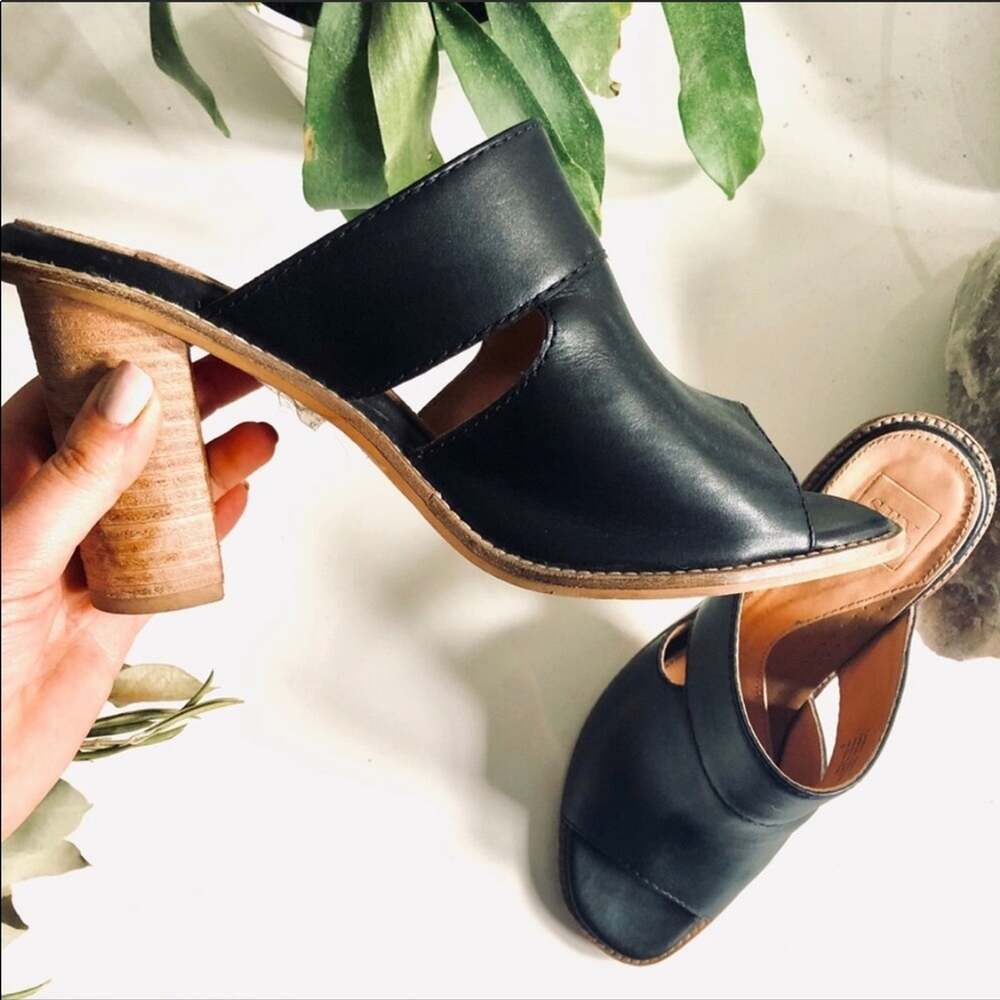 SEY Collection Black Tan Leather Mule Slide Open Toe Chunky Block Heel Shoes 9 - Picture 2 of 9